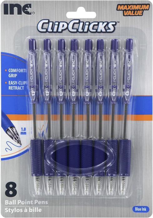 Clip Click Retractable Ball Point Pens, Set of 8, 1.0 mm Blue Ink