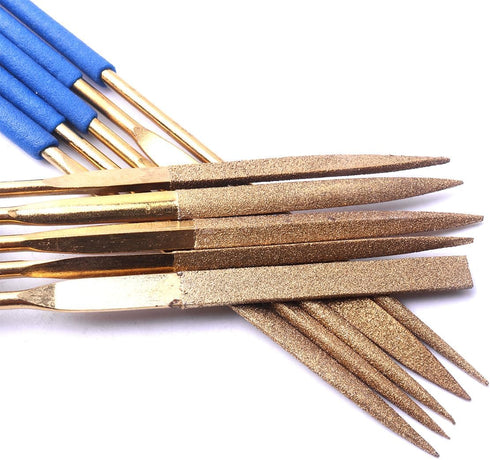 ATOPLEE Mini Diamond Needle File Set - 10pcs 3x140mm Titanium Coated Files for Metal Glass Wood