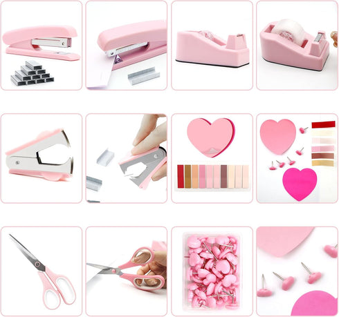 Pink Desk Accessories, Stapler and Tape Dispenser Set, Pink Office Supplies Kit for Students, Women, Coworkers