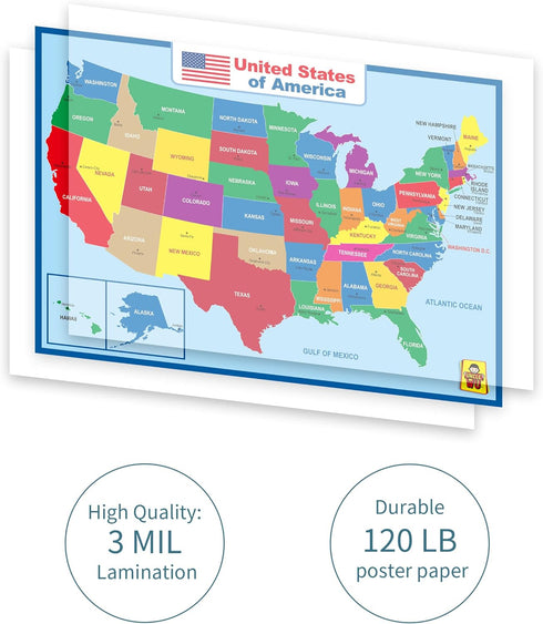 United States Map Laminated Poster, Double-Sided Educational Poster for Kids/Adults, 18 x 24 inch Waterproof Map