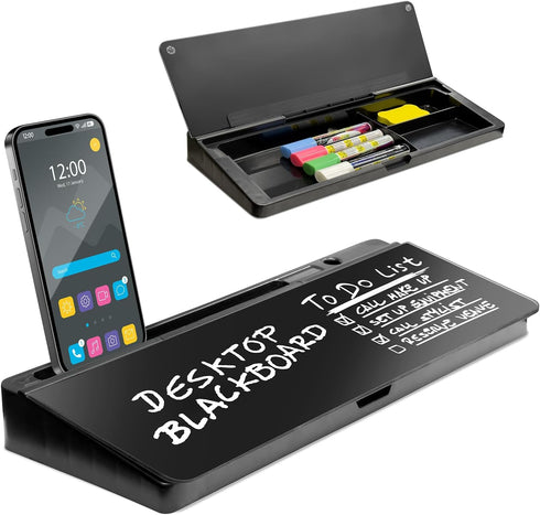 Desktop Dry Erase Board - Glass Dry Erase Board with Black Desk Buddy, Includes Markers and Eraser.