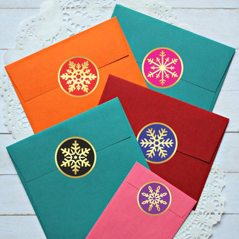 PARTH IMPEX Snowflake Stickers, Pack of 120 - 2" Large Round Gold Foil Stamping Labels for Christmas Holiday Cards