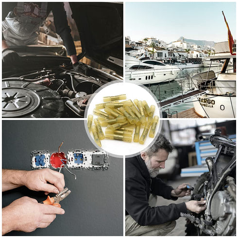 100 Pcs Yellow Heat Shrink Butt Connectors, 12-10 AWG Waterproof Crimp Terminals for Automotive, Marine Wiring