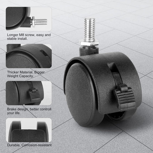Dalyndar 4 Pack 1.5 Inch 1.5'' M8 Swivel Stem Caster Wheels Replacement Casters Furniture Wheel with Locking Brake