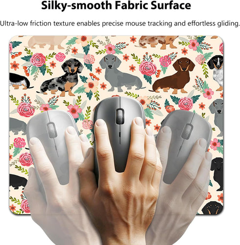 Dachshund Sausage Dogs Puppies Pink Flowers Print Art Gaming Mouse Pad, Cute Colored Floral Design Print Art