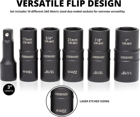 02287B 6-Pc 1/2-Inch-Drive Set, 10 Set, 3-Inch 6-Point, 19 21mm NEIKO Impact Socket SAE & Metric Sizes, Thin Wall Wheel