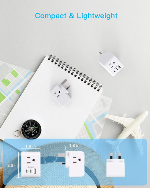 US to UK Ireland Travel Plug Adapter, Type G Power Plug with 3 Outlets and 3 USB Ports for USA to England, Scotland