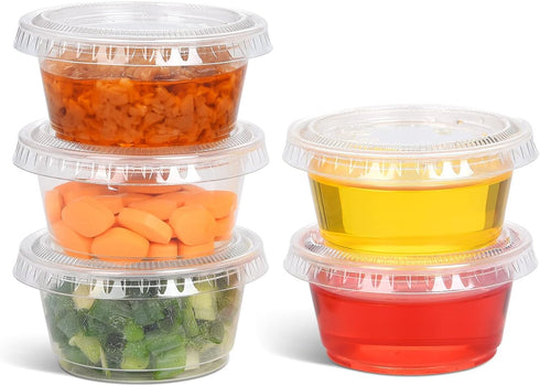 EDI Clear Disposable Plastic Portion Cups with Leakproof Lids, Jello Shot, Condiment and Dipping Sauce, 2 OZ, 50 Sets