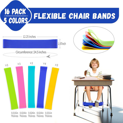 WNSIRVY 16 Pack Chair Bands for Kids with Fidgety Feet, ADHD Tools for Kids, Improve Focus & Reduce Restlessness, Chair