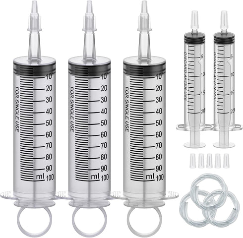 3Pack 100ML Large Syringe and 2Pack 20ML Plastic Syringes with Tip Adapter, Sterile Measurement Tools for Science Labs