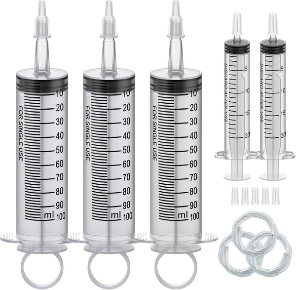 3Pack 100ML Large Syringe and 2Pack 20ML Plastic Syringes with Tip Adapter, Sterile Measurement Tools for Science Labs