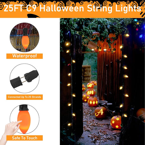 C9 25FT C9 27 Bulbs, LED Orange Halloween Lights, Halloween String Lights with Orange LED Hanging Decoration Light