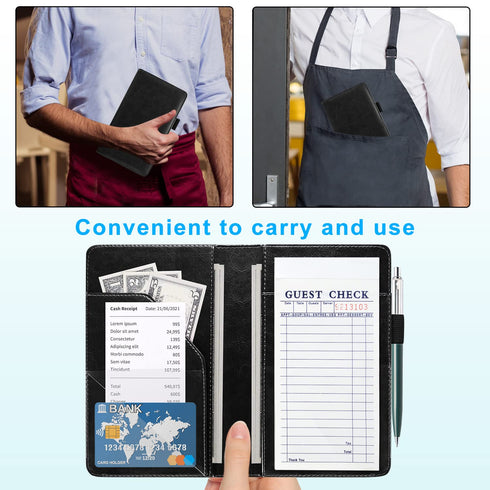 ACdream Server Books for Waitress - Cute Pocket Leather Money Organizer Wallet, Cash Check Bill Receipt Holder, Black