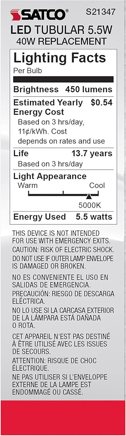 Satco 5.5W LED E26 Light Bulb, 5000K, Dimmable, 15000 Hour Rating