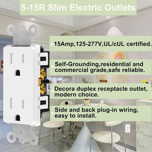 White Outlet,Greencycle 110V Outlet,4 Pack 15 Amp Decora Tamper Resistant Outlet,5-15R,3 Wire Square Outlet Wall Plug,Residential Commercial Grade,Ultra-Slim,Heavy Duty,Self-Grounding,UL/Cul
