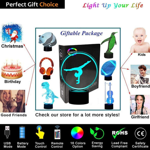 Comiwe 3D Toys,16 Gymnastics Yoga Illusion Night Light Colors Change Smart Touch & Remote Control,Home Decor LED