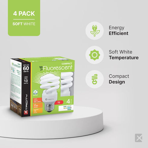Xtricity Compact Fluorescent Light Bulb T2 Spiral, E26 Base, 9W (40 Watt Equivalent), 2700k Soft White, 540 Lumens,