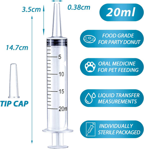 20ml Plastic Syringe for Liquids, Oral, Scientific Labs, Measuring, Dispensing, with Cap- 10 Pack 20ml Syringes