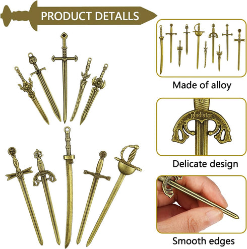 Hicarer 30 Pieces Antique Swords Knife Bookmarks, Sword Charms Pendants for Book Lovers, DIY Crafting (Anti Brass)