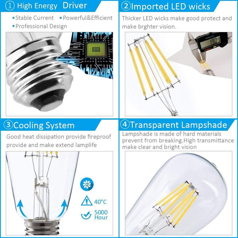 Dimmable Vintage Edison LED Bulb, Antique 40W Equivalent, E26 Light Bulb, 400 Lumens Warm White 2700K, Pack of 6
