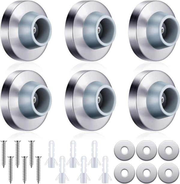 Pangda Concave Wall Door Bumper Stop, Silver Stainless Steel with Gray Round Rubber Protector, 6 Pieces