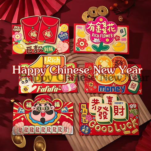 BAIWOVIS 2026-6Pcs Red Envelopes for Chinese New Year Creative Lucky Money Envelope Hongbao of Cute Patterns of Wealth