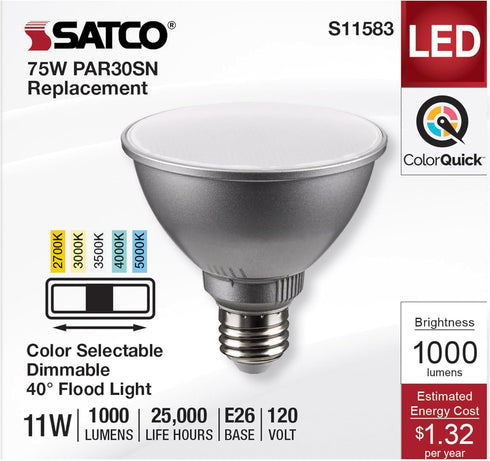 Satco S11583; 11 PAR30SN 120 40 11PAR30SN/LED/5CCT/FL/120V Commercial (2 Bulbs) Watt LED; Medium Base; Silver Finish;