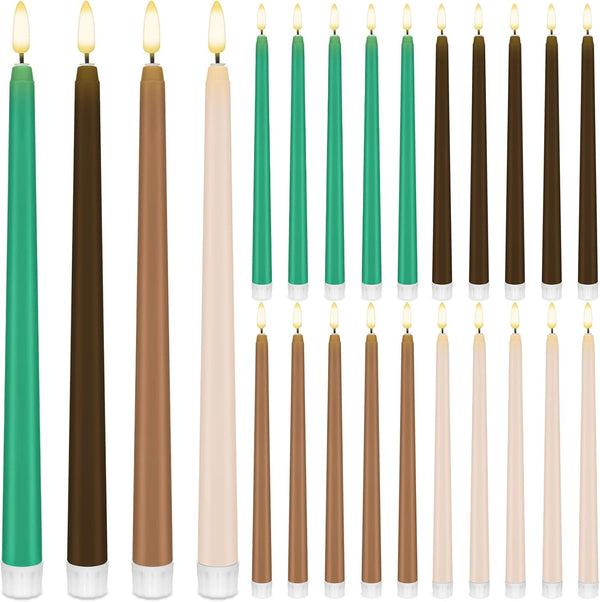 Baquler 24 Pcs 11'' Green Brown Flameless Taper Candles Woodland Battery Operated