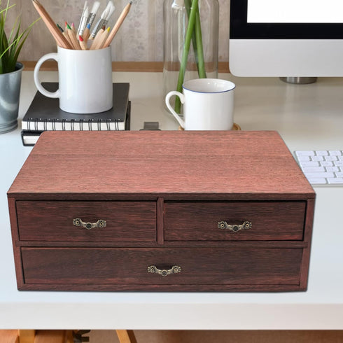 Wood Desktop Organizer, Wooden Storage Cabinet with 3 Drawers for Home Office Supplies, 13 * 9 * 6in