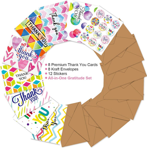 ZZTBTNO 8 12 Blank Thank You Cards with Envelopes & Stickers - Write Your Own Message - Blank Inside Greeting Cards