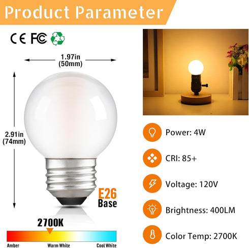 Dimmable E26 G16.5 Bulb 40W 4W Bulbs,Small Bulbs Bulb 2700K 400LM,Pack 2 LED Light Equal Frosted Globe Light Round