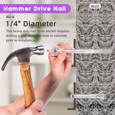 Swpeet 86Pcs Alloy Steel Concrete Anchors Assortment, Hammer Drive Nail Set, 1/4" Diameter with Drill Bit for Concrete