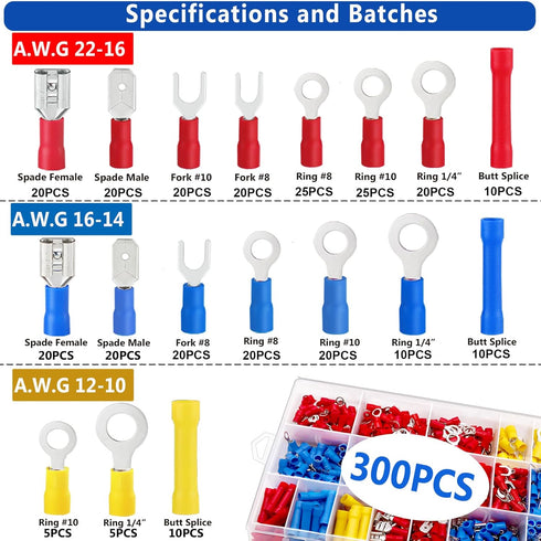 Tnisesm 300PCS Insulated Wire Crimp Connectors Assortment Kit with Ring, Spade, Butt, Quick Disconnect, Crimp Automotive Cable Terminals TN-T01