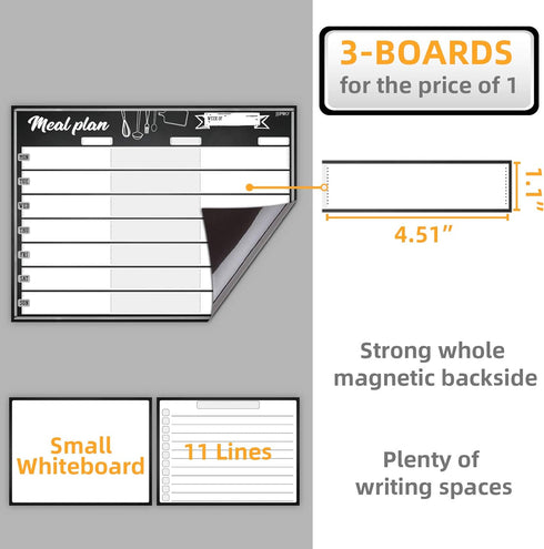 JJPRO Magnetic Dry Erase Meal Planning Whiteboard for Refrigerator, One 14.5x11" Weekly Menu Board and Two Notes