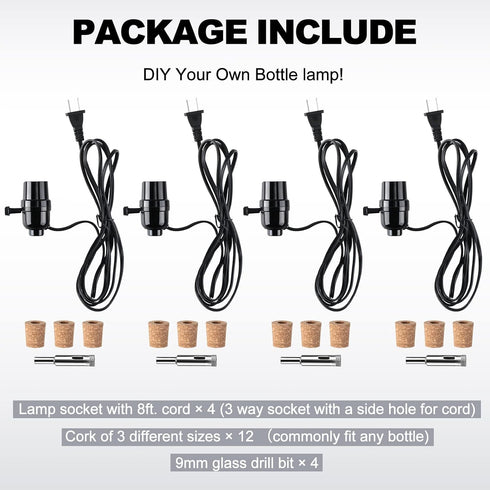 4 Sets 3 9 mm 8 Fabbay Bottle Lamp Kit for Liquor Bottle Includes Stopper in Sizes, Glass Drill Bit, Slip on Socket