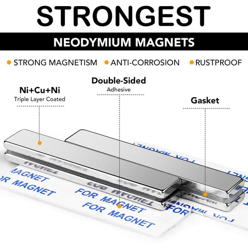DIYMAG Strong Neodymium Bar Magnets with Double-Sided Adhesive, Rare Earth Magnet - 60 x 10 x 3 mm, Pack of 16