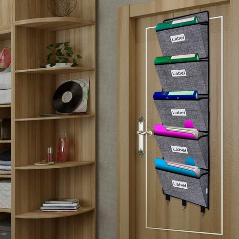 homyfort Over the Door File Organizer with 5 Extra Large Pockets, Hanging File Folders for Mail, Notebooks, Black with