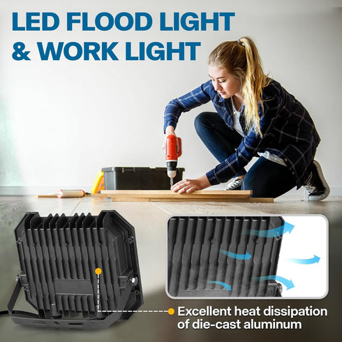 1 Pack 100W 10000LM 5.9FT IP65 6000K Leddictive LED Flood Lights Outdoor, Super Bright Floodlight Outside Work Light