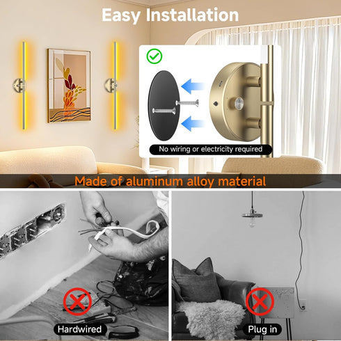 TiInsta 360DIY 3000K-6500K Dimmable Battery Operated Wall Sconce,Wireless Wall Lights with Remote, Rotatable RGB Lamp