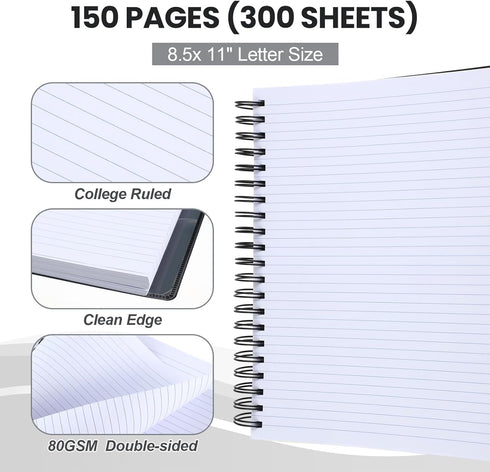 Yeaqee 4 Pcs 3 Subject Notebook, 300 Pages (150 Sheets), 8.5 x 11, Dual Poly Covers, Multi Subject Note Book for School
