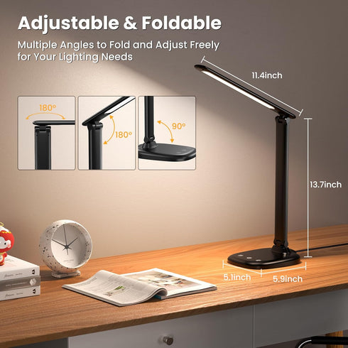 10%-100% Dimmable 5 30-/60-minute CRI90, Desk Lamp with Charger, Stepless & Color Modes Study Lamp, Touch Control