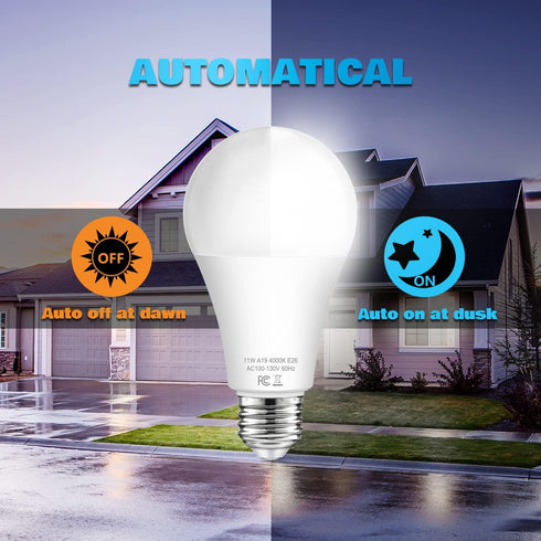 TOBUSA Dusk to Dawn Sensor Light Bulb Outdoor, A19 LED Bulbs Auto On OFF 100 watt Equivalent, E26 Sensor Bulbs Neutral White 4000K, 11W 1200lm Smart Light Bulbs for Porch Garage Security, 4PACK by TOBUSA