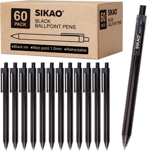 Black Pens Bulk, Ball Point Pens, Smooth Writing, No Smear, Medium Point, Retractable Click Pens, School Office (60