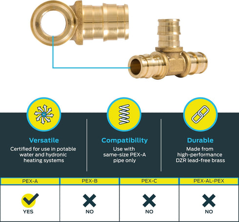 SharkBite 1/2 Inch Expansion Tee for PEX-A Pipe, Brass Plumbing Fittings for PEX-A Tubing