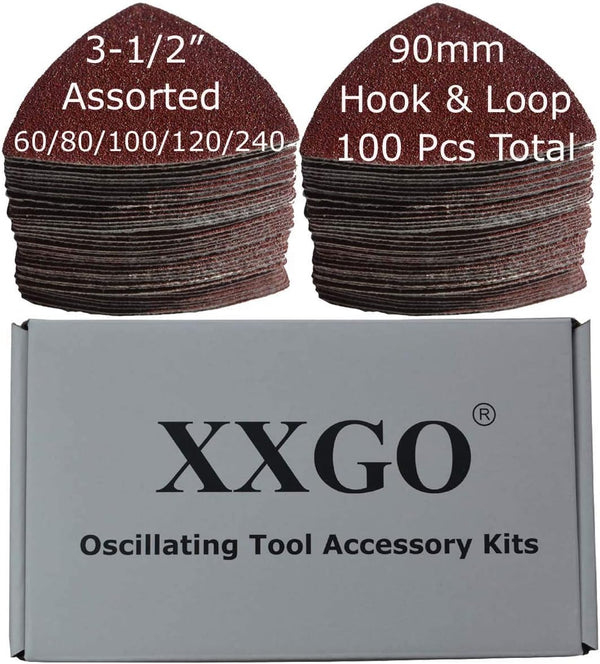 100 Pcs 3-1/2 Inch Triangular Sandpaper, 60/80/100/120/240 Grits, Hook & Loop for Wood Sanding, Fit 3.5 Inch Multi Tool
