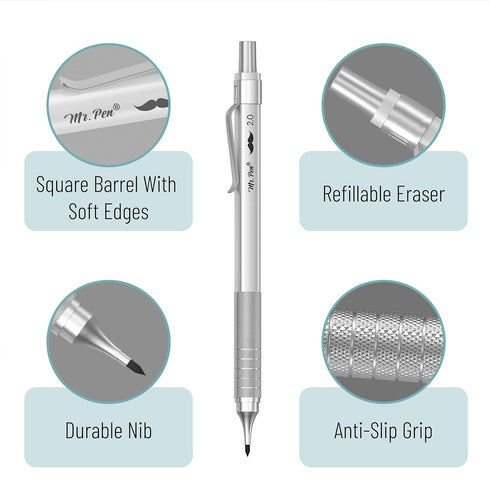 Mr. Pen Metal Mechanical Pencil Set, 5 Sizes, 0.3, 0.5, 0.7, 0.9, 2mm for Sketching and Drafting