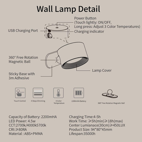 3 3 360 AKSDA LED Reading Lights, Wall Mounted Sconces with Color Temperatures & Brightness Levels, Rechargeable