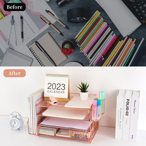 gianotter Paper Letter Tray Organizer, 4-Tier Desk Accessories & Workspace Desk Organizers with Drawer and 2 Pen