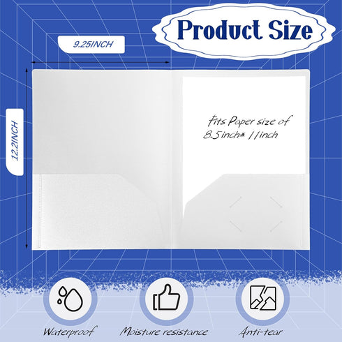 Patelai 50 Pack Heavy Duty Plastic Pocket Folders, 2 Pocket Letter Size, Business Card Holder, White Color for School