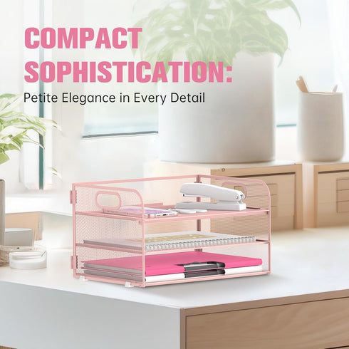 Daltack 3-Tier Paper Organizer - Mesh Desk Letter Tray with Handle for A4 File Folder, Pink
